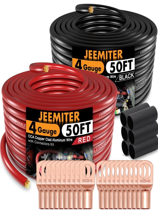 Jeemiter 4 Gauge CCA Wire Complete Kit: 100ft (50ft Red + 50ft Black) for Multiple Amp Rigs & Full Vehicle Audio Install | Includes All Terminals - Image 1